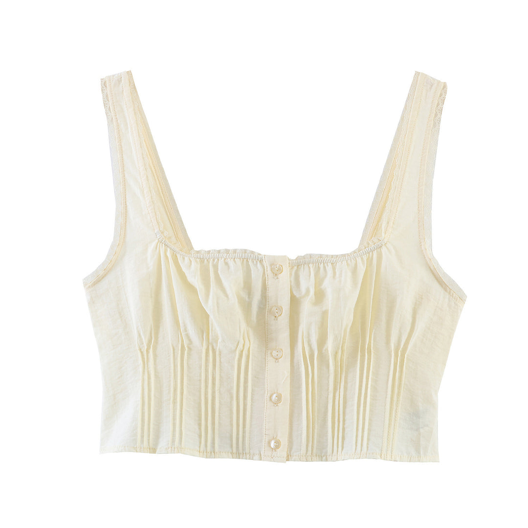 Damen-Crop-Top mit feinen Falten und Zierknöpfen EB