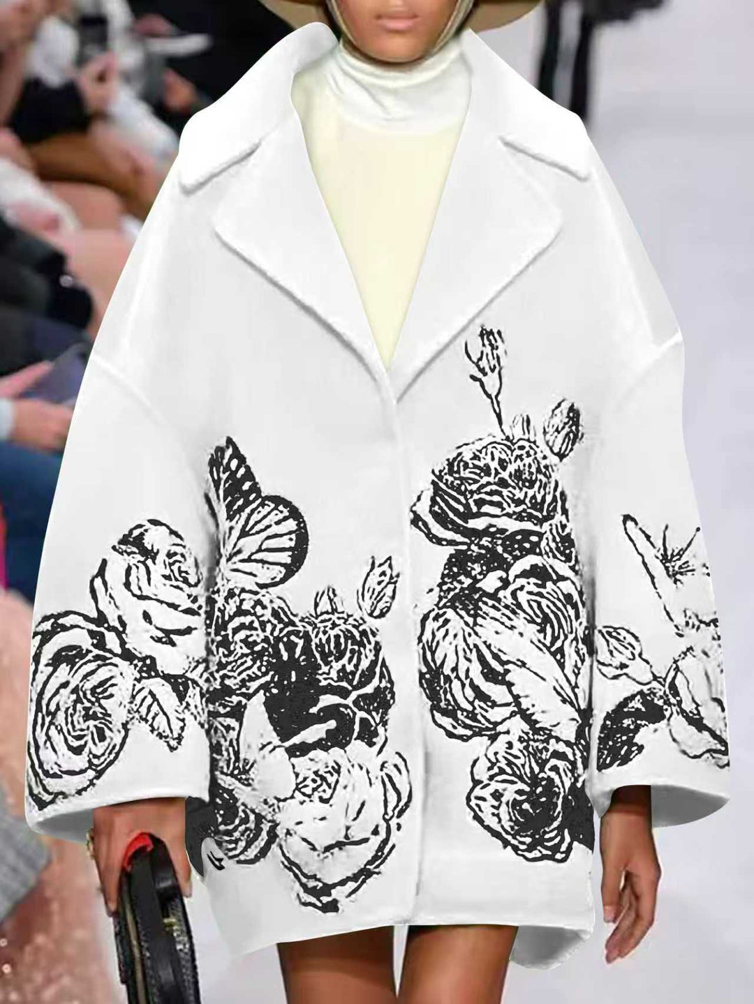 Damen Oversized Wollmix-Mantel mit floraler Print- und Stickerei-Optik EB
