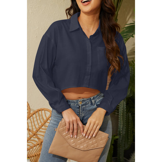 Damen Cropped Bluse mit klassischem Kragen und zartem Stoff EB