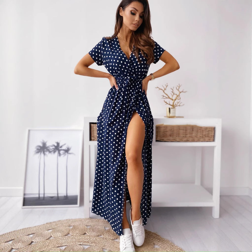 Damen Maxikleid mit Polka-Dots und verstellbarem Taillengürtel EB