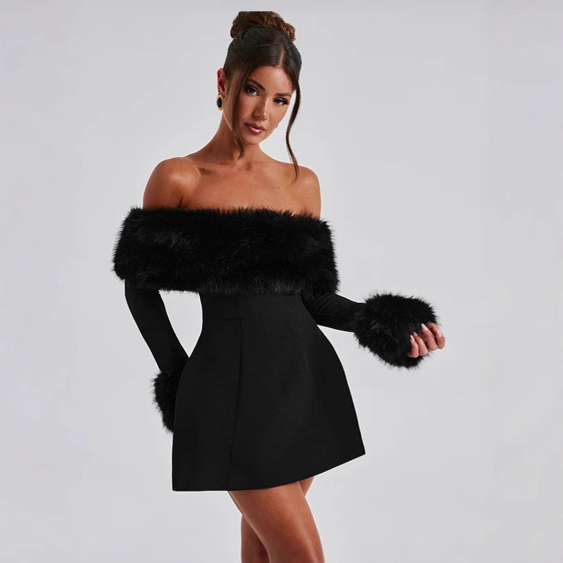 Damen Offshoulder-Kleid mit luxuriöser Futterverzierung und schwingendem Rock EB