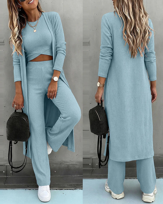 Damen Dreiteiliges Rippstrick-Loungewear-Set mit Longcardigan, bauchfreiem Top und weiter Palazzohose EB