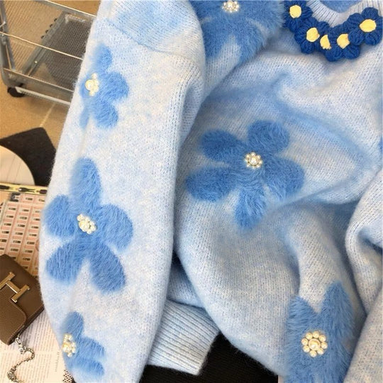 Damen Pullover mit floralem Design und Perlenapplikationen EB