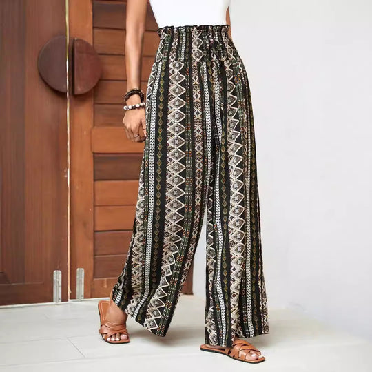 Damenweite, gemusterte Palazzo-Hose mit elastischem Taillenbund EB