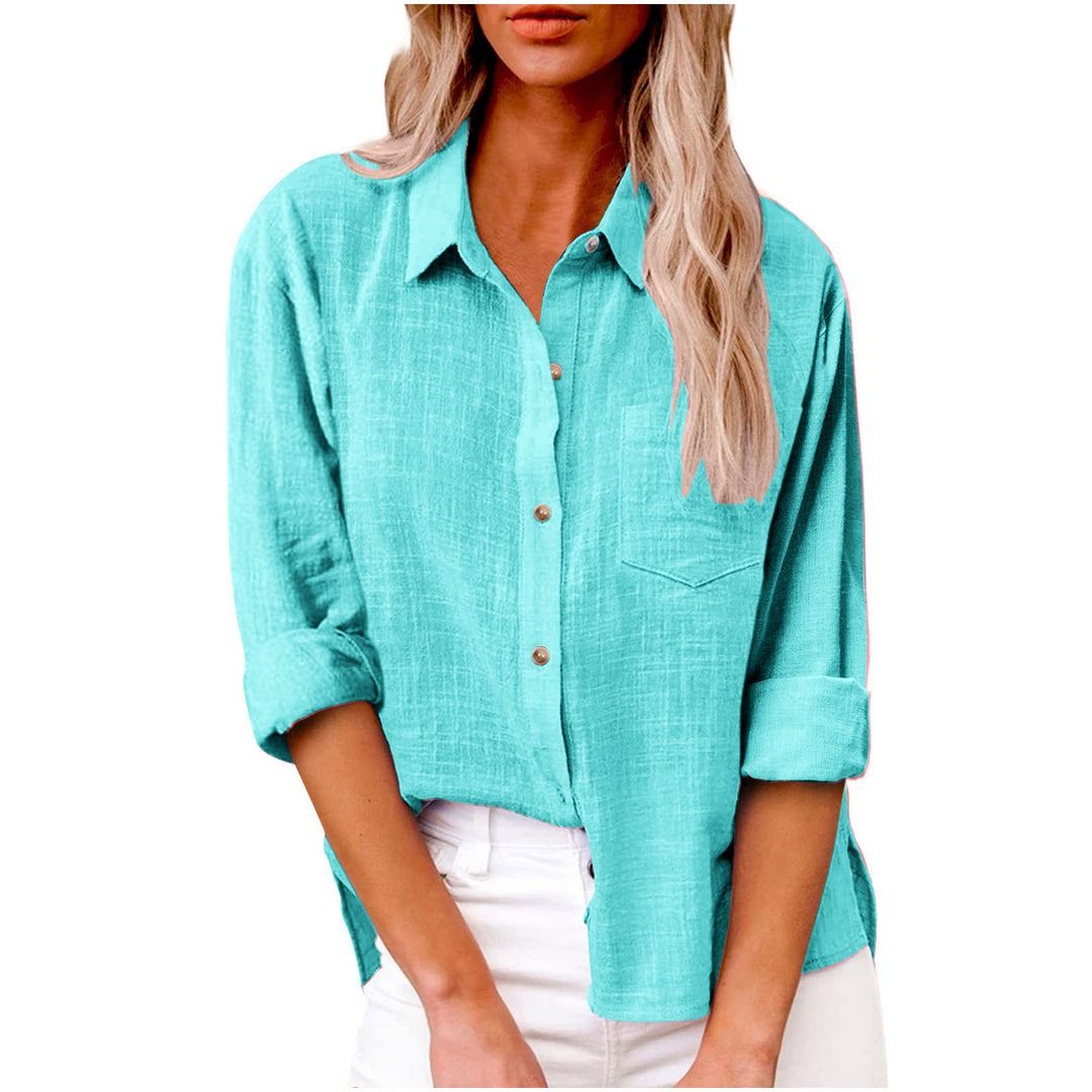 Damen nan oversized Leinen-Baumwollmix Hemdbluse mit Brusttasche und krempelbaren Ärmeln EB