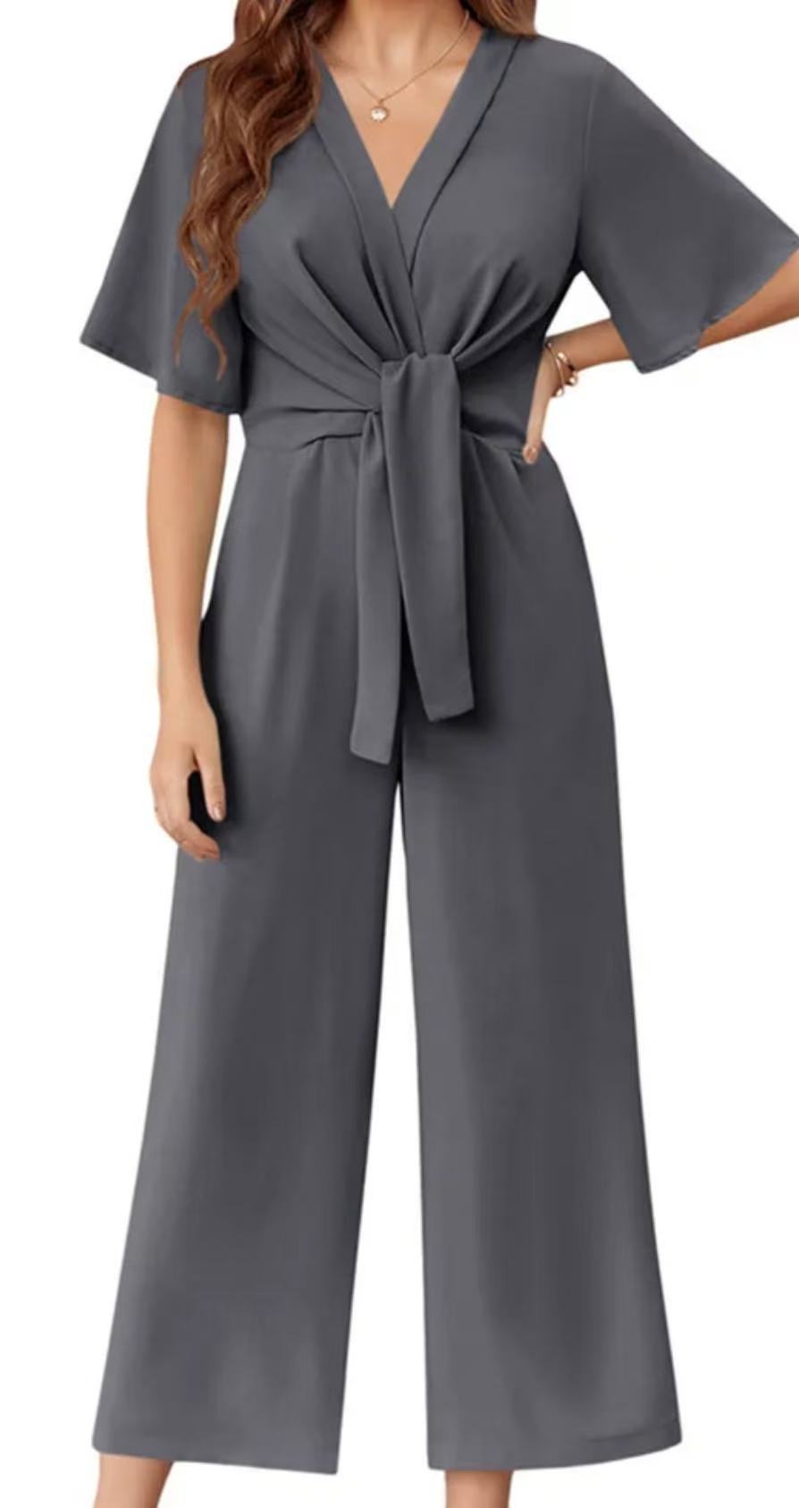 Damen eleganter Jumpsuit mit tiefem V-Ausschnitt und Poncho-Ärmeln EB