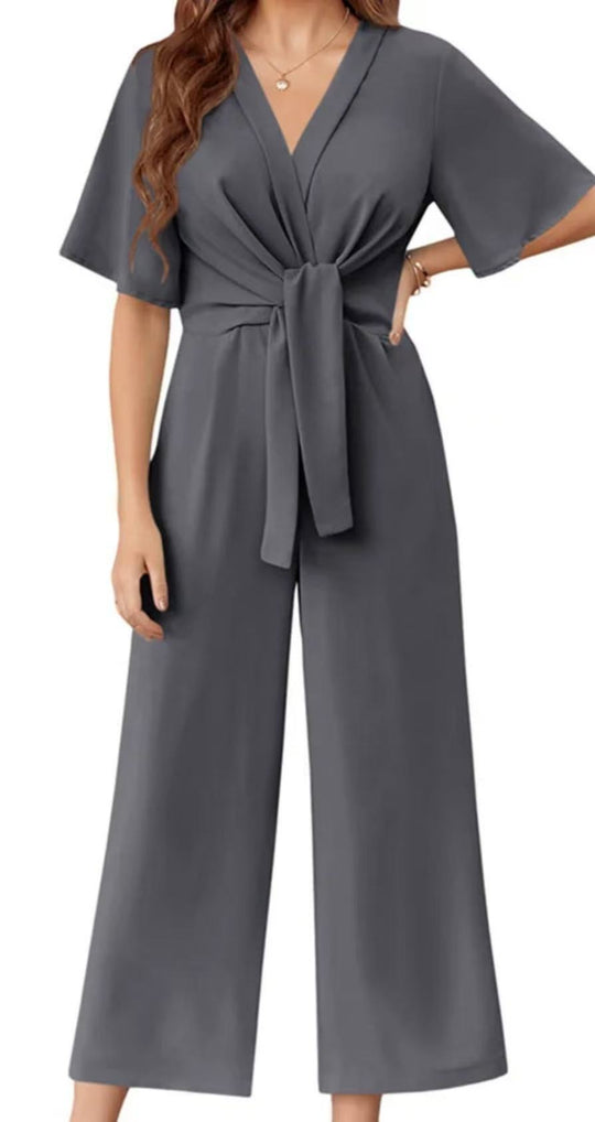 Damen eleganter Jumpsuit mit tiefem V-Ausschnitt und Poncho-Ärmeln EB