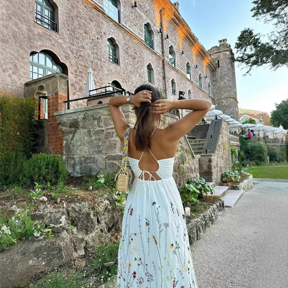 Damen Spaghetti-Träger Kleid mit floralen Stickereien EB