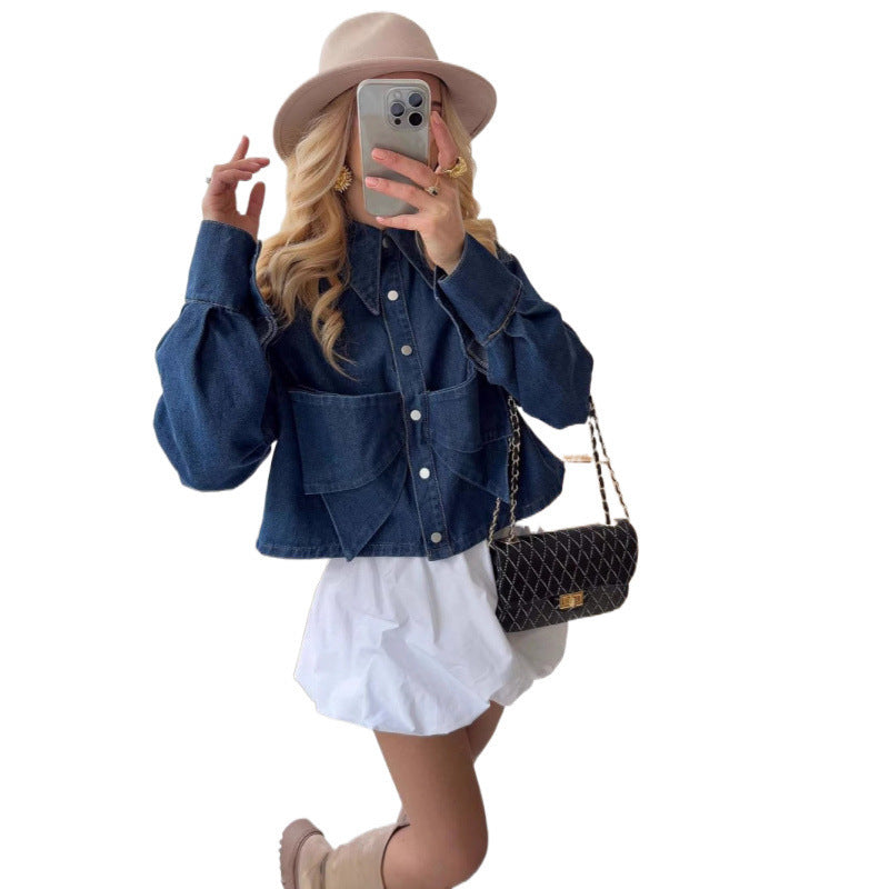 Damen stylische cropped Denimjacke mit praktischen Taschen EB