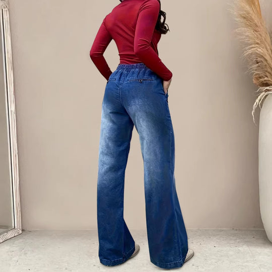 Damen Weit geschnittene Jeanshose mit elastischem Bund und modischem Used-Look EB