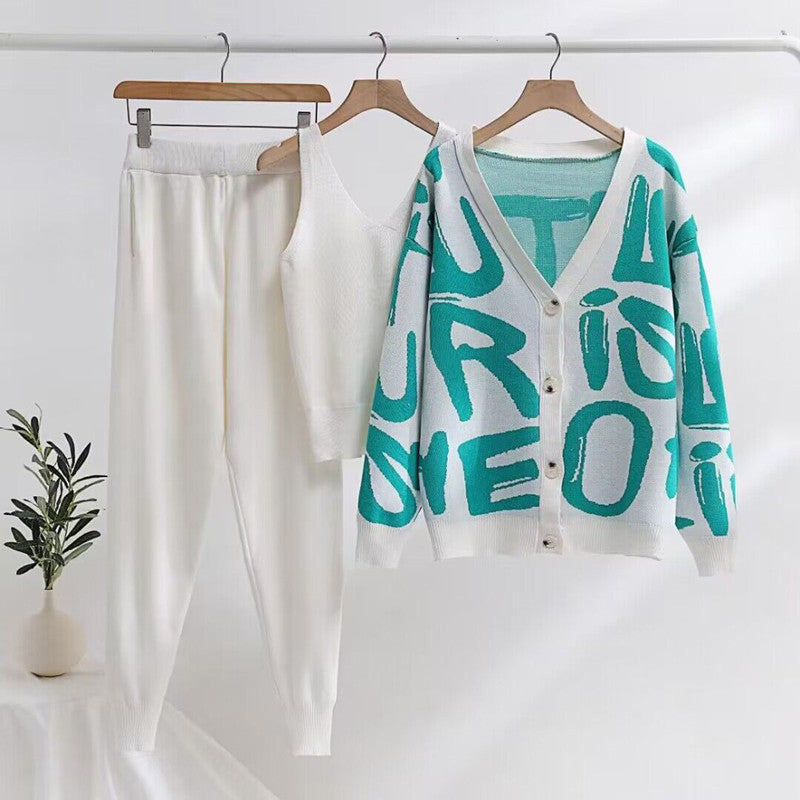 Damen gemütliches Strick-Loungewear-Set mit Dekorativem Schriftzug EB