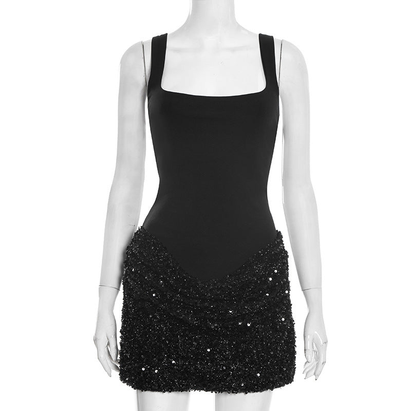Damen elegantes Paillettenkleid mit tiefem V-Ausschnitt und figurschmeichelndem Design EB