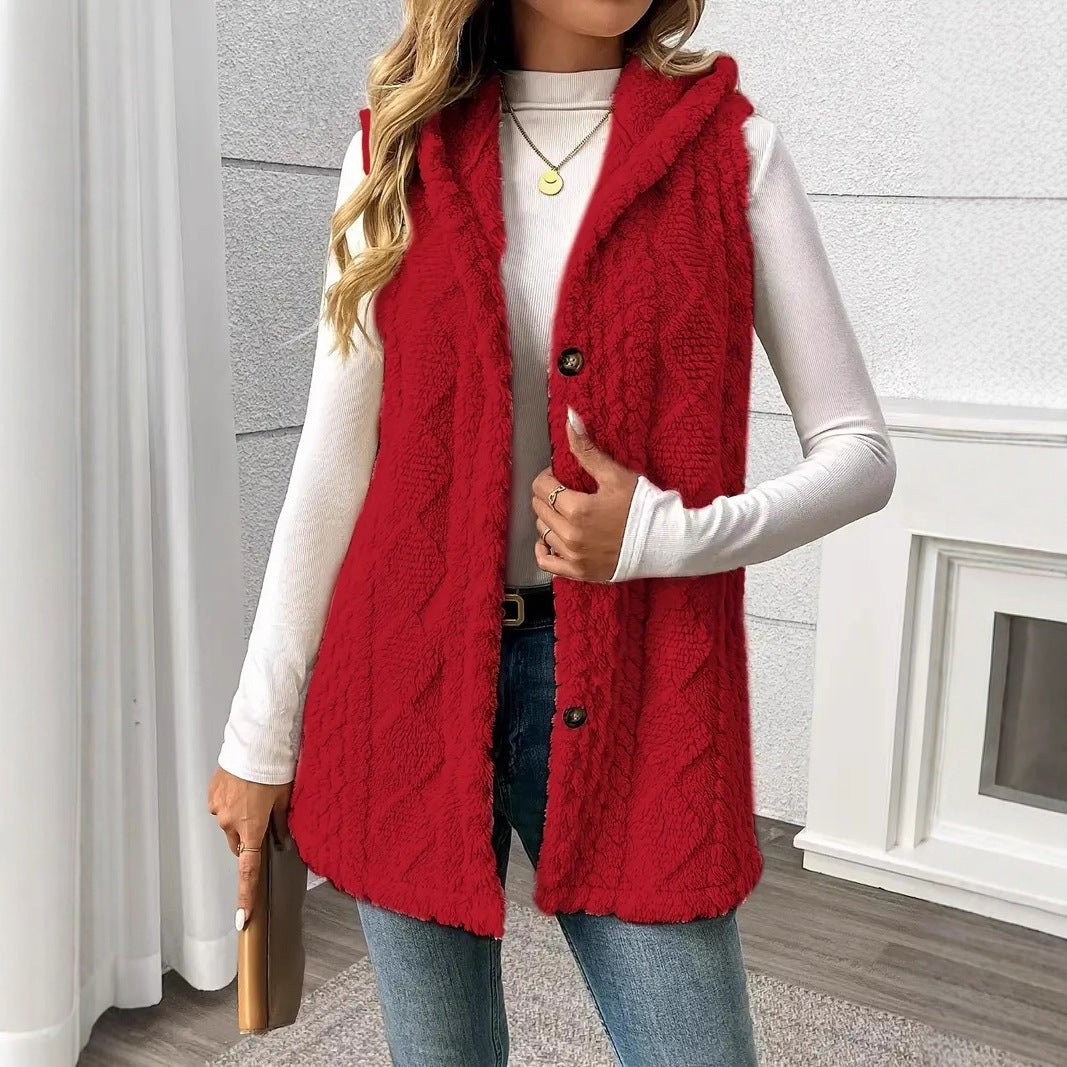 Damen Stylish gesteppte Weste mit Kapuze und Knopfverschluss EB