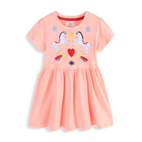 Mädchen Sommerkleid mit buntem Einhornmotiv und fröhlichen Applikationen EB