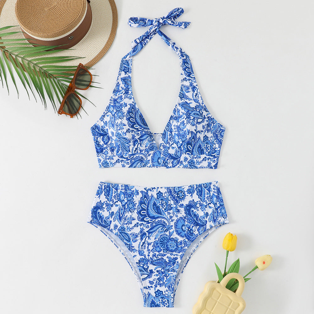 Damen Hochtailliertes Bikini-Set mit floralem Design und verspieltem Halteroberteil EB
