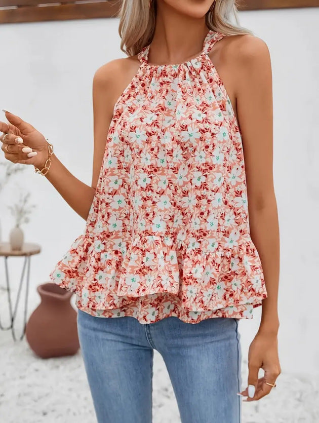 Damen Blusentop mit voluminösem Rüschensaum und floralem Muster EB