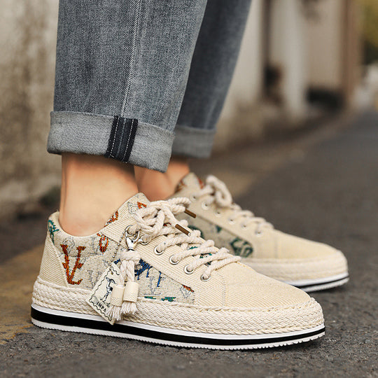 Damen modische Sneakers mit trendigem Textil-Obermaterial und geflochtener Sohle EB