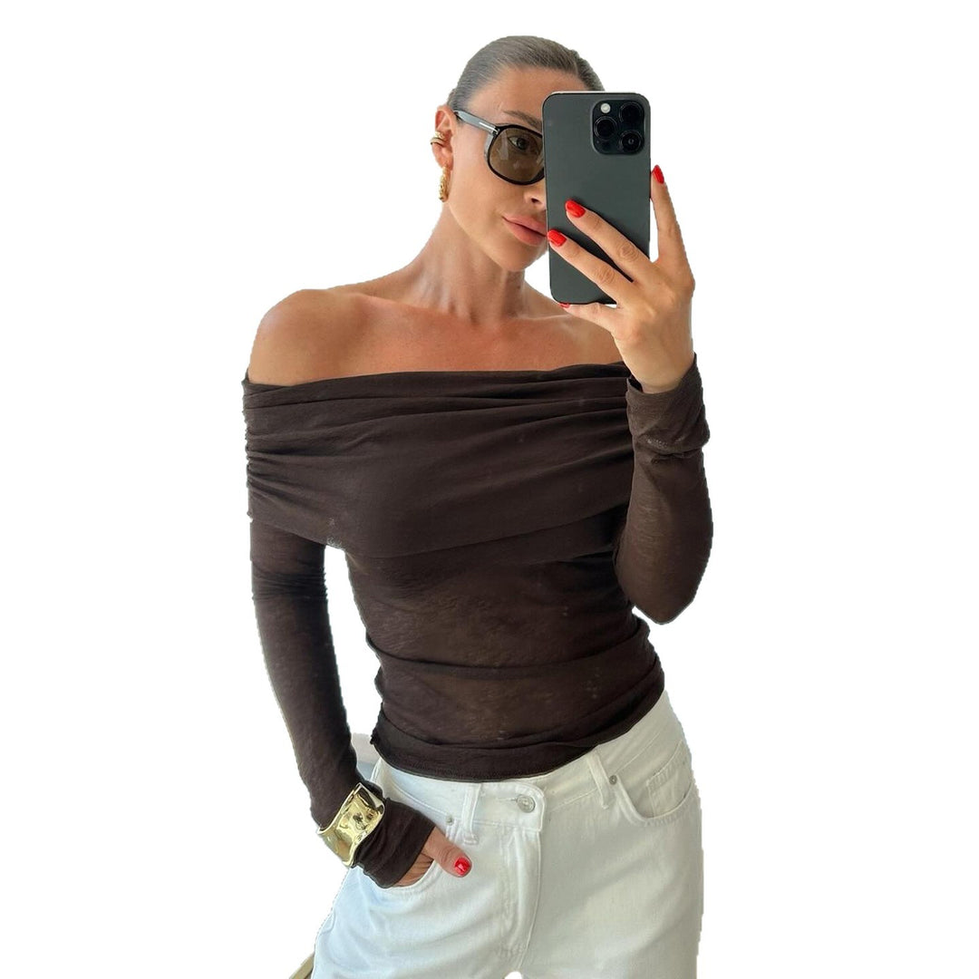 Damen nan schulterfreies Feinstrick-Longsleeve mit gerafftem Umschlagkragen und taillierter Passform EB