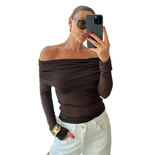 Damen nan schulterfreies Feinstrick-Longsleeve mit gerafftem Umschlagkragen und taillierter Passform EB