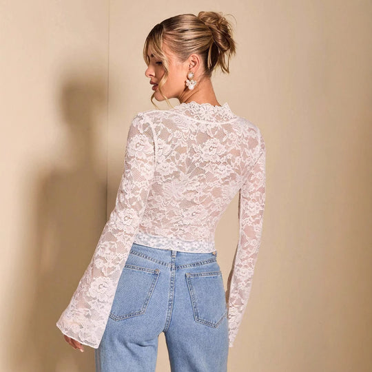 Damen nan transparente Spitzenbluse mit V-Ausschnitt, tailliert und Trompetenärmeln EB