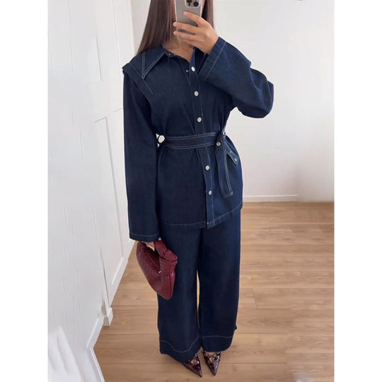 Damen Denim-Blazer-Set im Vintage-Stil mit Taillengürtel EB