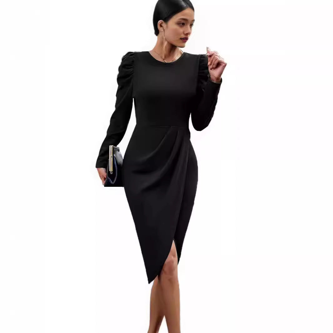 Damen elegantes Wickelkleid mit Puffärmeln und asymmetrischem Saum EB