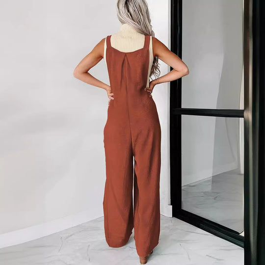 Damen lässiger Jumpsuit mit weit geschnittenem Bein und dekorativen Knopfdetails EB
