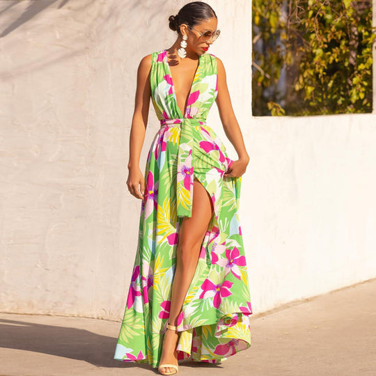 Damen Maxikleid mit tiefem V-Ausschnitt und elegantem Schlitz EB