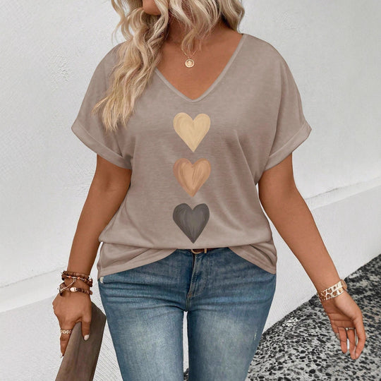 Damen lässiges V-Ausschnitt T-Shirt mit Herz-Zierdruck EB