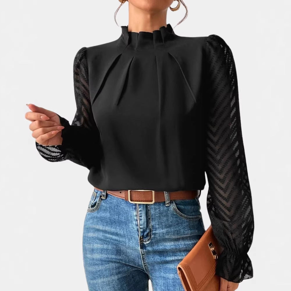 Damen Elegante Chiffonbluse mit Stehkragen, Faltenkante und transparenten Jacquard-Ärmeln EB
