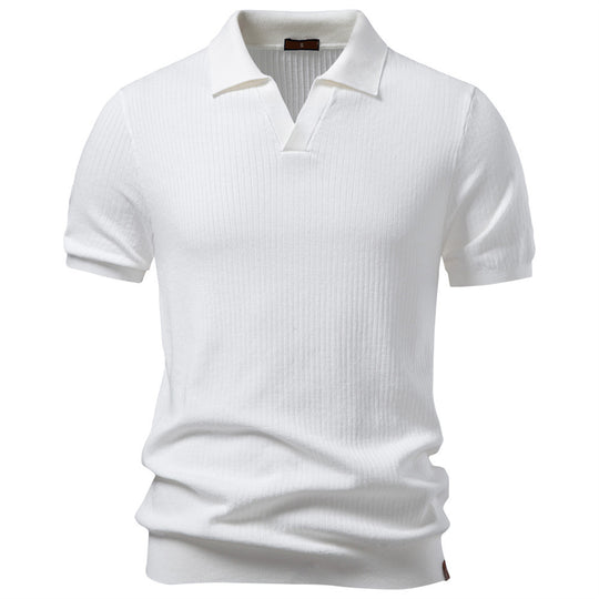 Herren nan fein geripptes Kurzarm-Poloshirt mit offenem Kentkragen EB