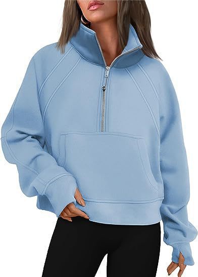 Damen nan weit geschnittenes Kurzpullover mit Stehkragen, halbem Reißverschluss und Kängurutasche EB