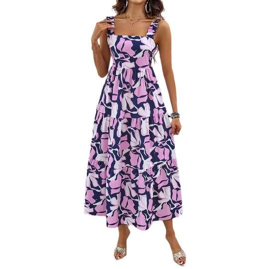 Damen Maxikleid mit verspieltem Rüschendesign und gemustertem Oberteil EB
