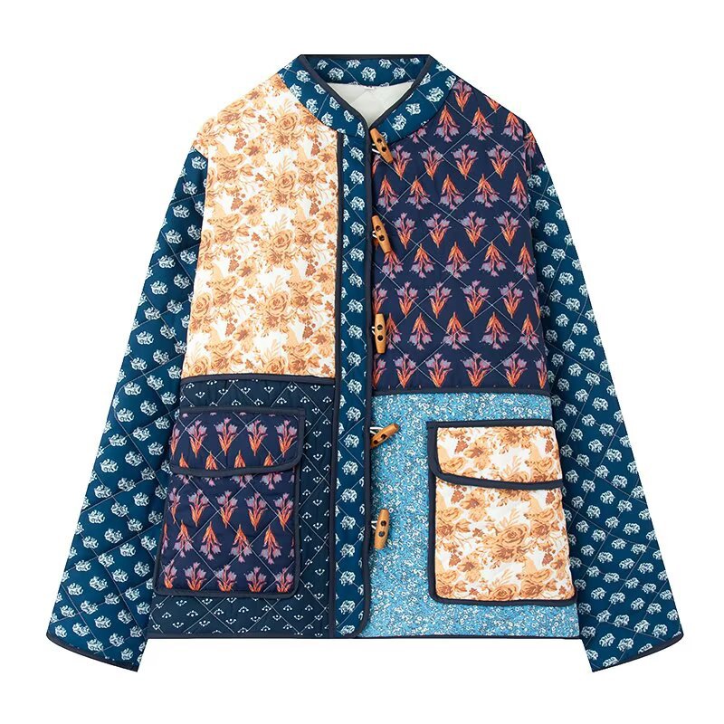 Damen Patchwork Steppjacke mit aufwendigen Mustern und praktischen Taschen EB