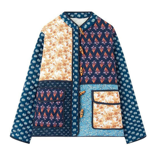 Damen Patchwork Steppjacke mit aufwendigen Mustern und praktischen Taschen EB