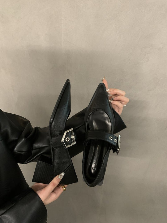 Damen elegante Ballerina-Pumps mit modischem Riemchen und stilvollem Blockabsatz EB