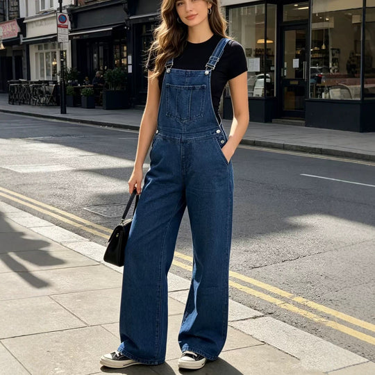 Damen nan weite Denim-Latzhose mit hoher Taille, verstellbaren Trägern und lässigem Schlag EB