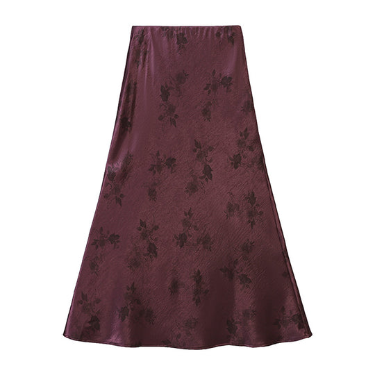 Damen  taillenhoher A-Linien-Midirock aus jacquardähnischem Satin mit floralem Relief EB