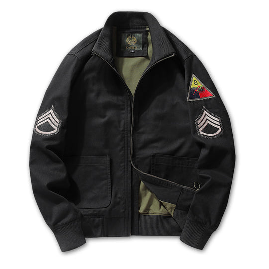 Herren Baumwoll-Canvas-Bomberjacke mit gestickten Patches und Stehkragen EB