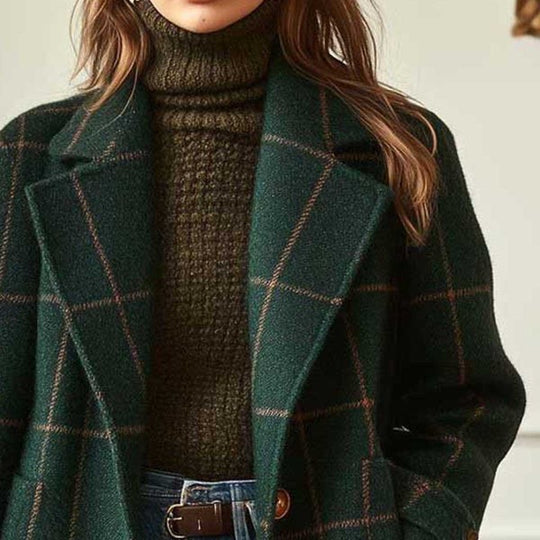 Damen nan karierter Wollmix Mantel mit Reverskragen, aufgesetzten Taschen und taillierter Silhouette EB