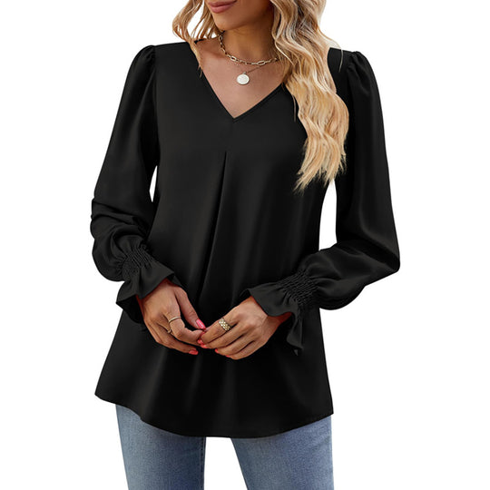 Damen V-Ausschnitt Bluse mit Kellerfalte und gerafften Manschetten EB