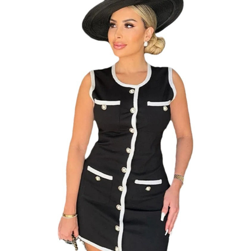 Damen figurbetontes Cocktailkleid mit kontrastierenden Taschen und eleganten Knöpfen EB