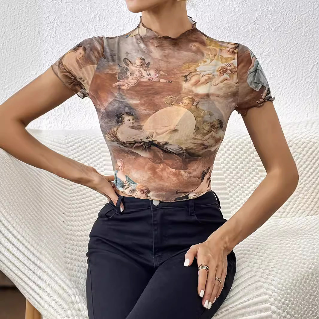 Damen nan figurnahes transparentes Mesh-Top mit barockem Engeldruck, Stehkragen und Kräuselsaum EB