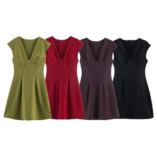 Damen elegantes Kurzkleid mit V-Ausschnitt und A-Linien-Schnitt EB