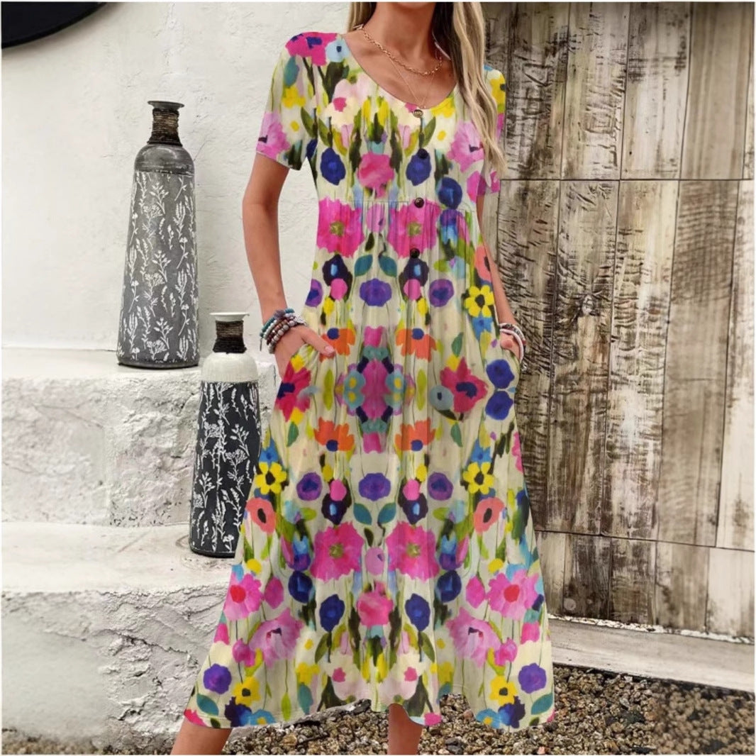 Damen Maxi-Kleid mit floralem Design und praktischen Taschen EB