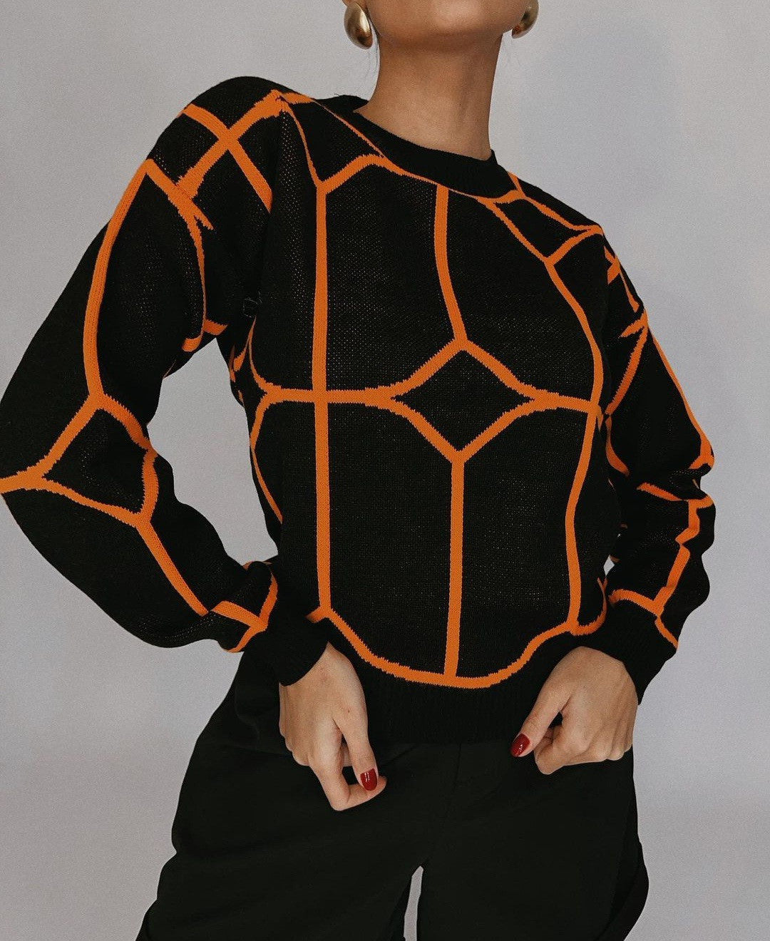 Damen modischer Strickpullover mit geometrischem Muster und Rundhalsausschnitt EB