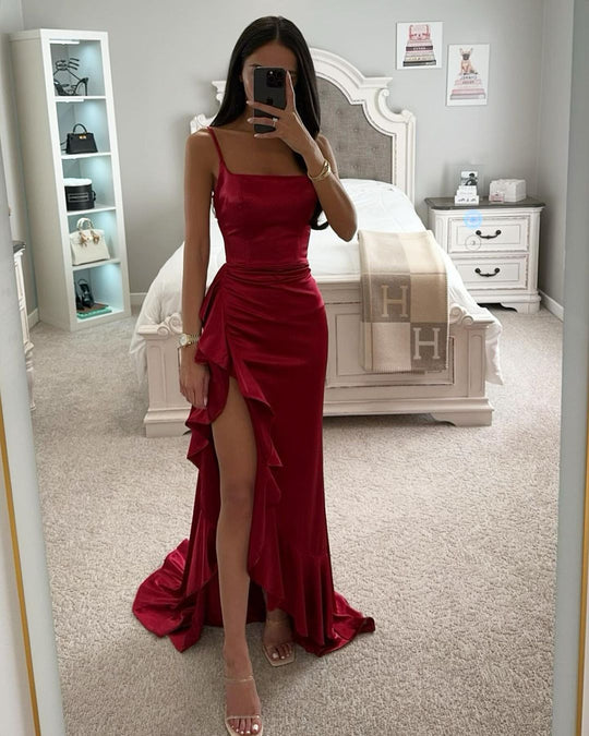 Damen elegantes Maxikleid mit seitlichem Schlitz und fließendem Rüschensaum EB