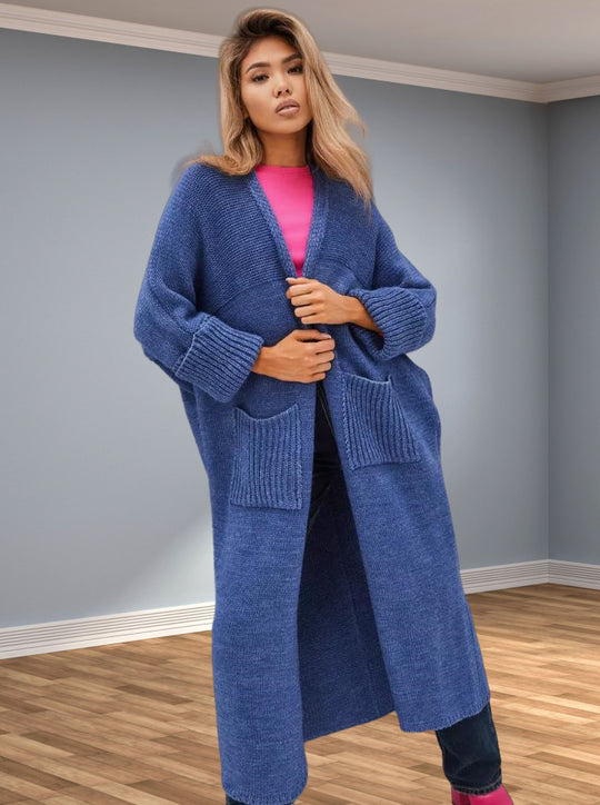 Damen Grobstrickmantel mit praktischen Taschen und elegantem V-Ausschnitt EB