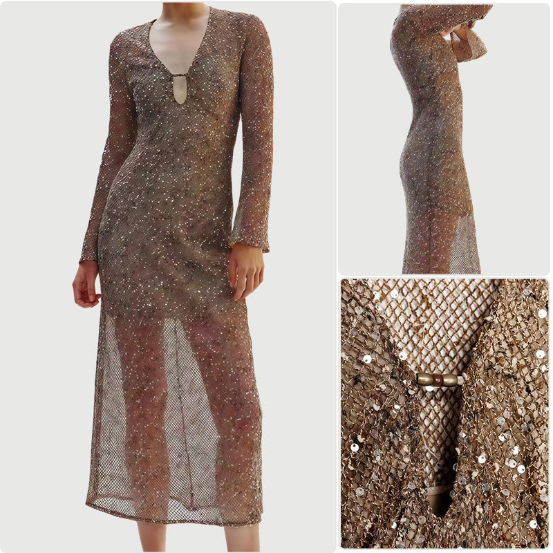 Damen Glamouröses Paillettenkleid mit tiefem V-Ausschnitt und langen Ärmeln EB