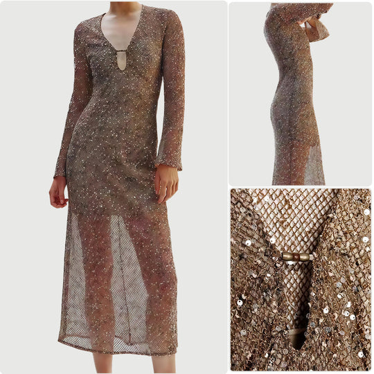 Damen Glamouröses Paillettenkleid mit tiefem V-Ausschnitt und langen Ärmeln EB